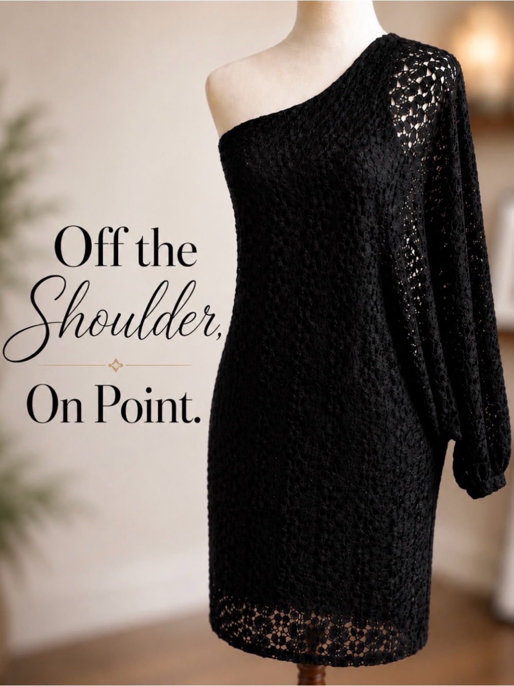 Julian Chang Evening  Dress | Black One-Shoulder Crochet Lace Batwing Sleeve
